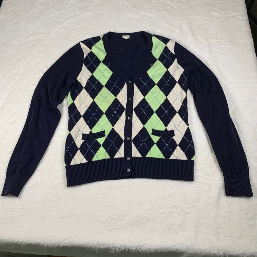 J.Crew Argyle Cardigan Sweater Navy Blue Green Cotton Women M Preppy‎ Academia